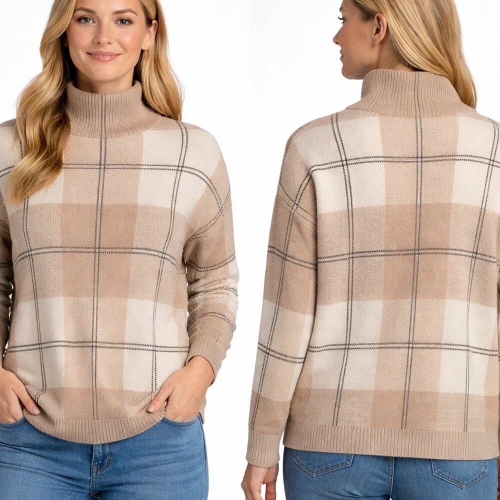 Rachel Zoe Plaid Mock Neck Sweater Women's M Beige Cream Windowpane Knit Top
